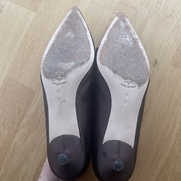 Isaac Mizrahi Brown Satin Kitten Heel, Mink Pom-Pom Embellished Pointy Toe Pumps - Picture 6 of 7